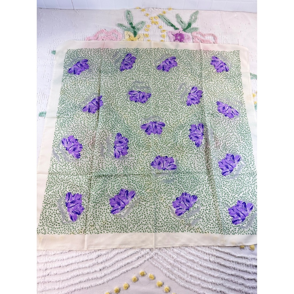 Vintage Made in Italy Floral Scarf Purple Green Leaf Print Square Scarf RN 34904